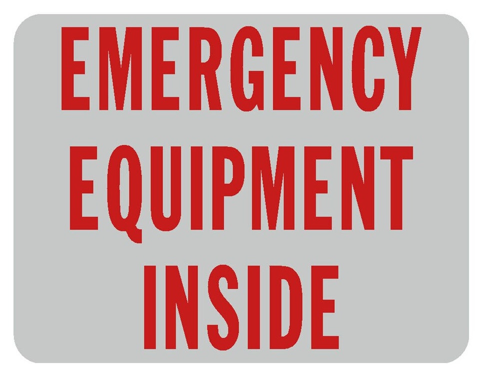 EMERGENCY EQUIPMENT INSIDE, Red on Clear